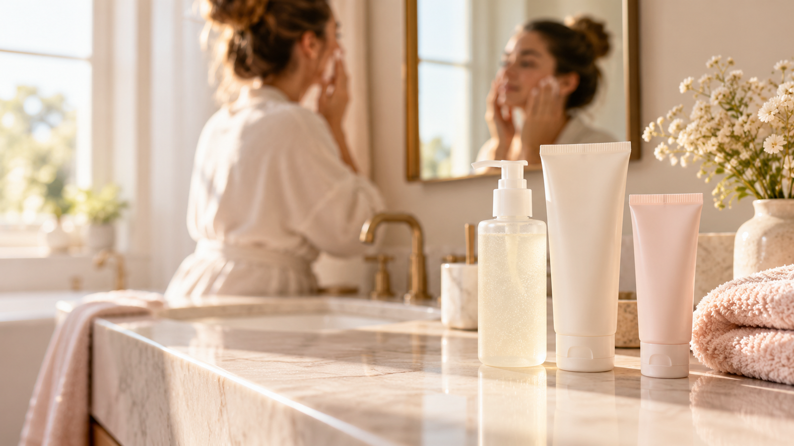 Beginner-friendly morning skincare products arranged beside a bathroom sink.
