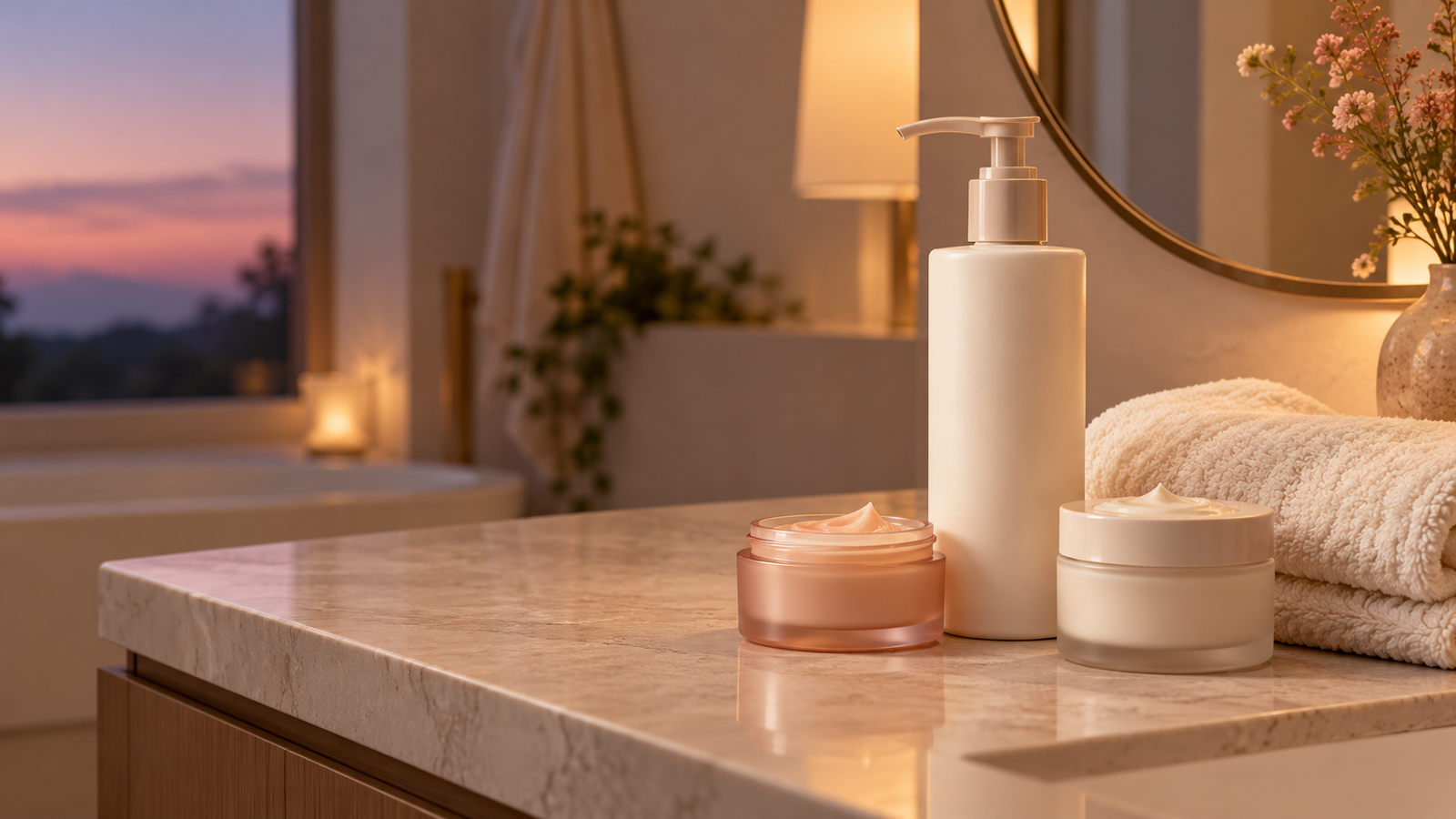 Simple evening skincare products on a bathroom counter beside a folded towel.