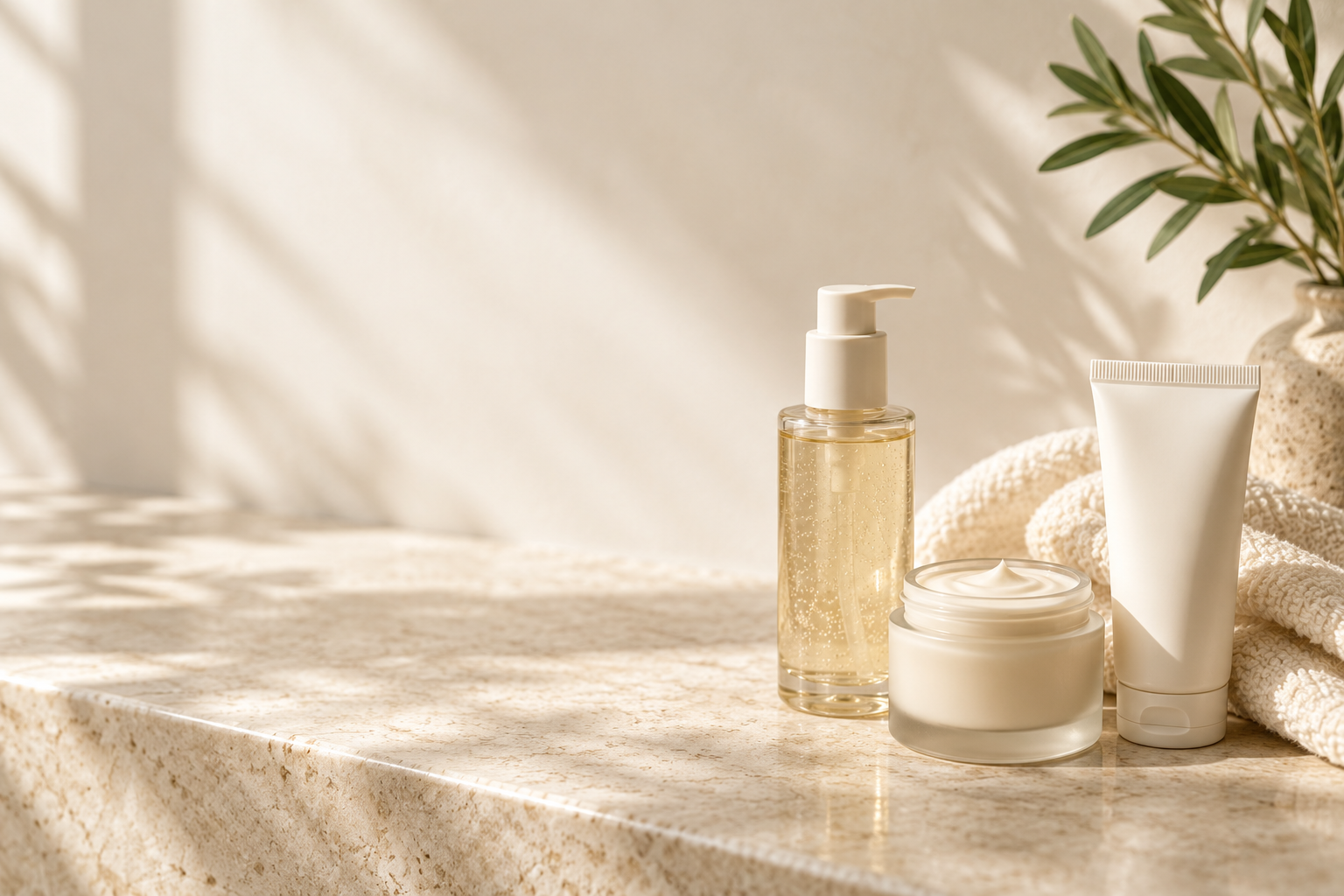 Three basic skincare products arranged on a clean bathroom shelf.