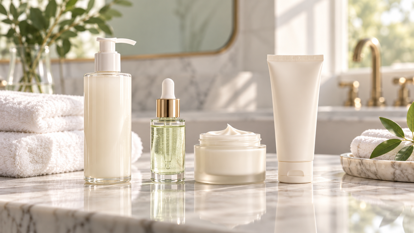 Skincare products arranged in application order on a bright bathroom counter.