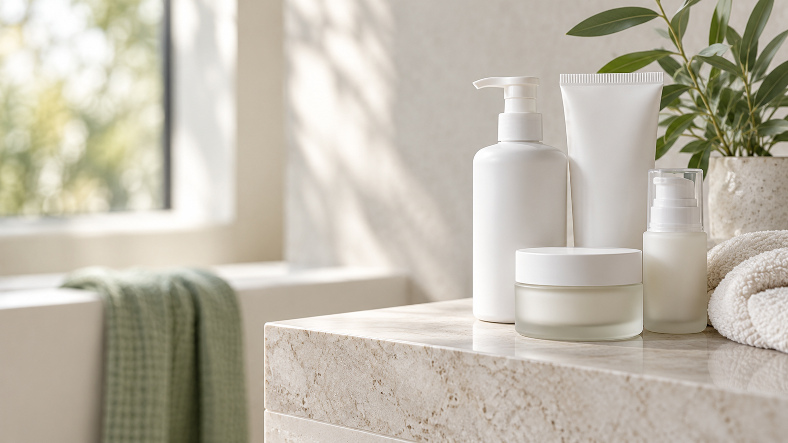 Minimal fragrance-free skincare bottles on a clean bathroom shelf.