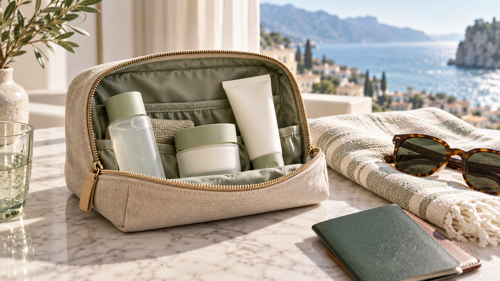 Travel-size skincare essentials arranged beside a small toiletry bag and sunglasses.