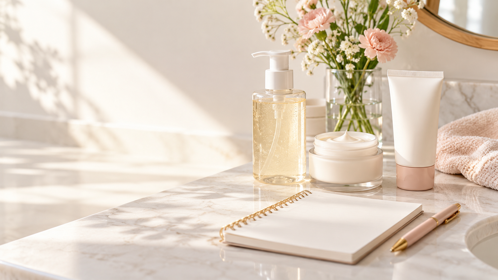 Affordable skincare basics arranged beside a simple handwritten shopping list.