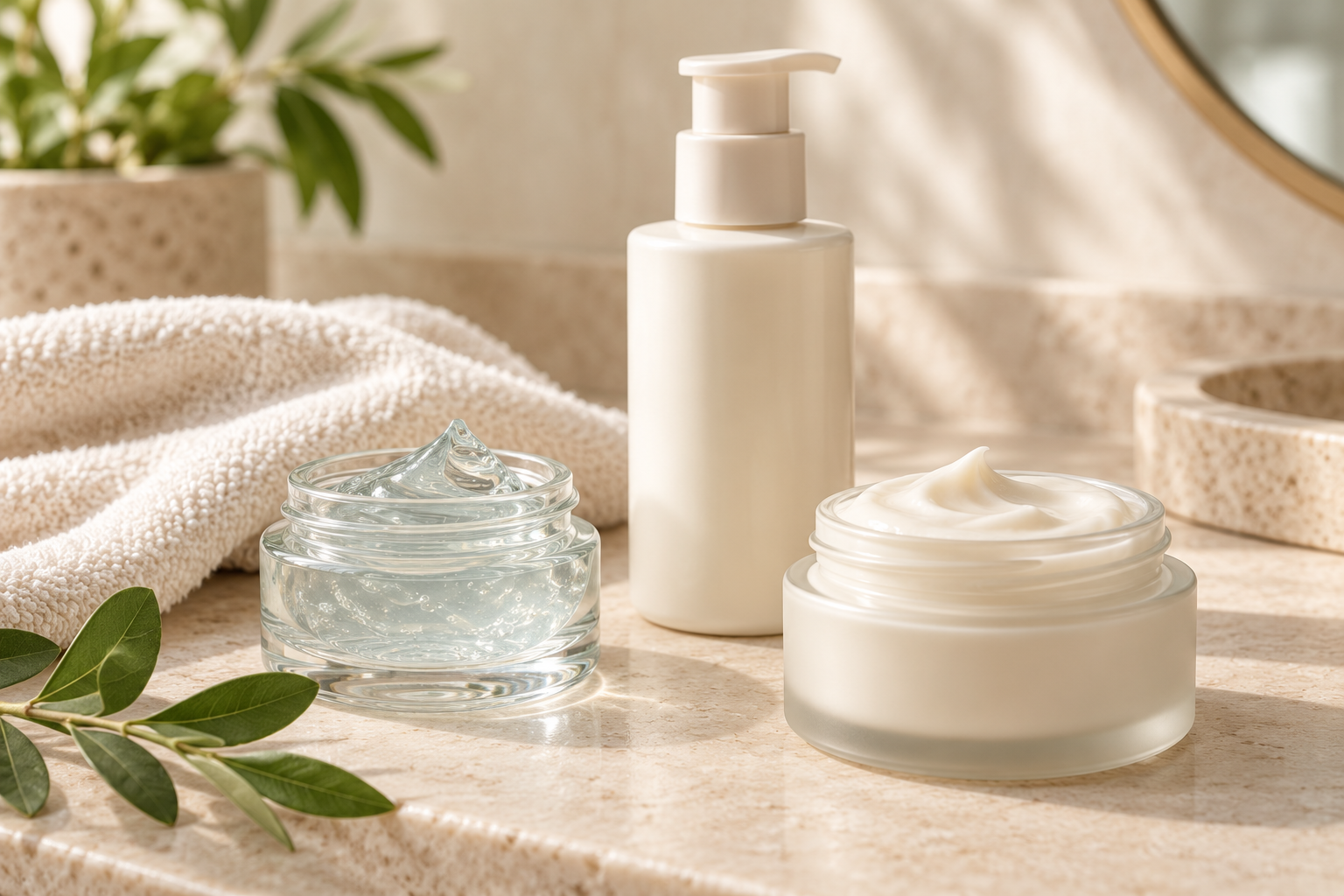Gel, lotion, and cream moisturizers arranged side by side on a bathroom counter.