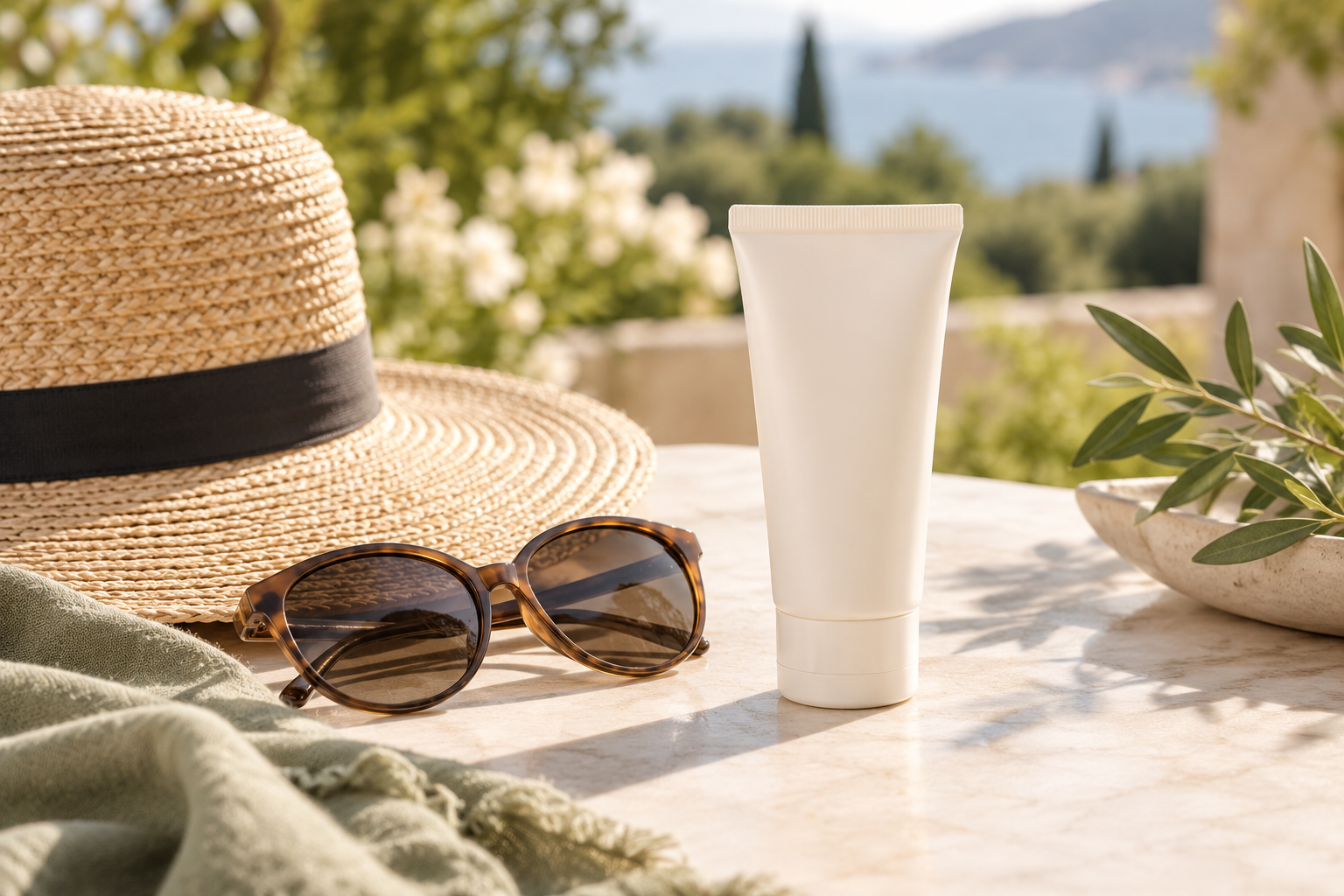 A tube of unbranded face sunscreen beside sunglasses and a sun hat.