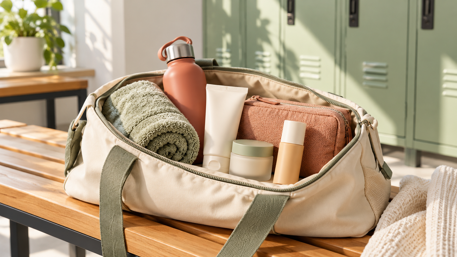 Compact gym-bag skincare essentials arranged beside a water bottle and towel.