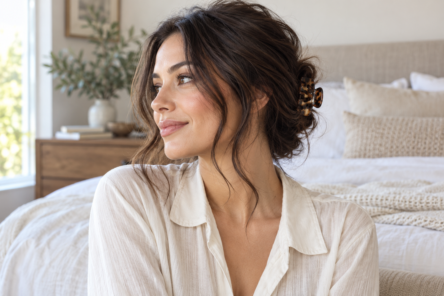 Woman styling second-day hair into a relaxed low bun with a claw clip.