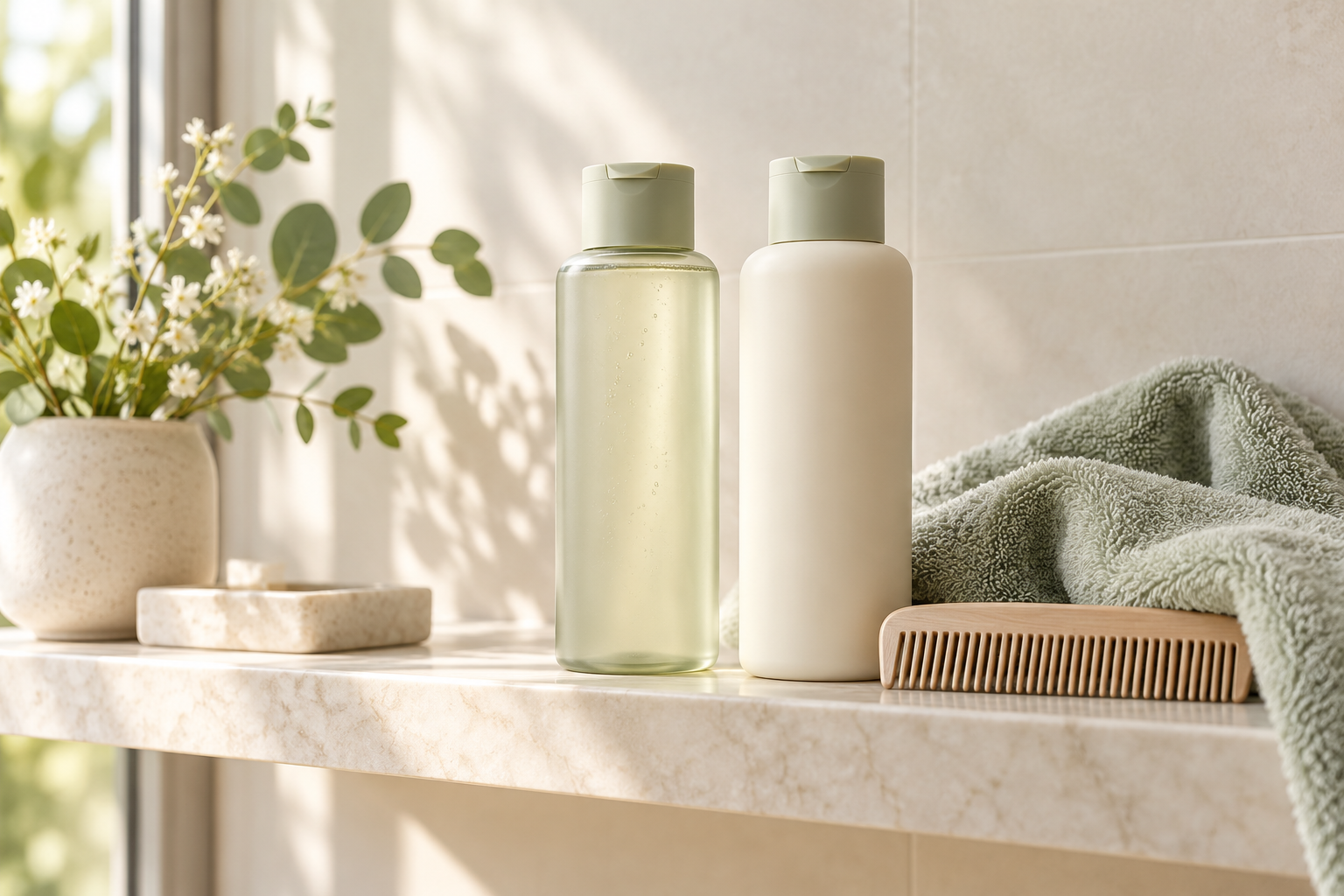 Fine haircare essentials with a lightweight shampoo, conditioner, and wide-tooth comb.