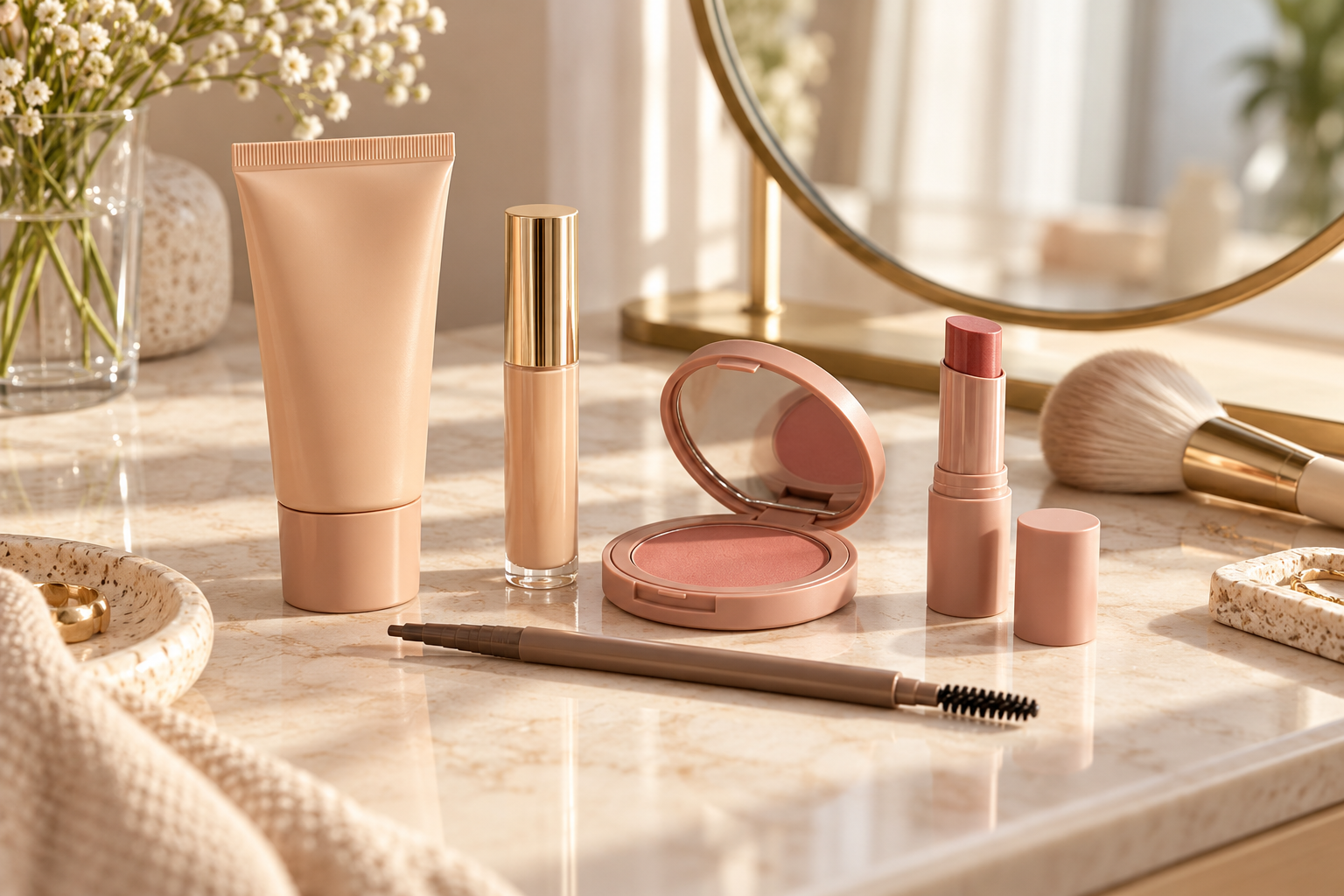 Soft everyday makeup products arranged on a natural vanity.