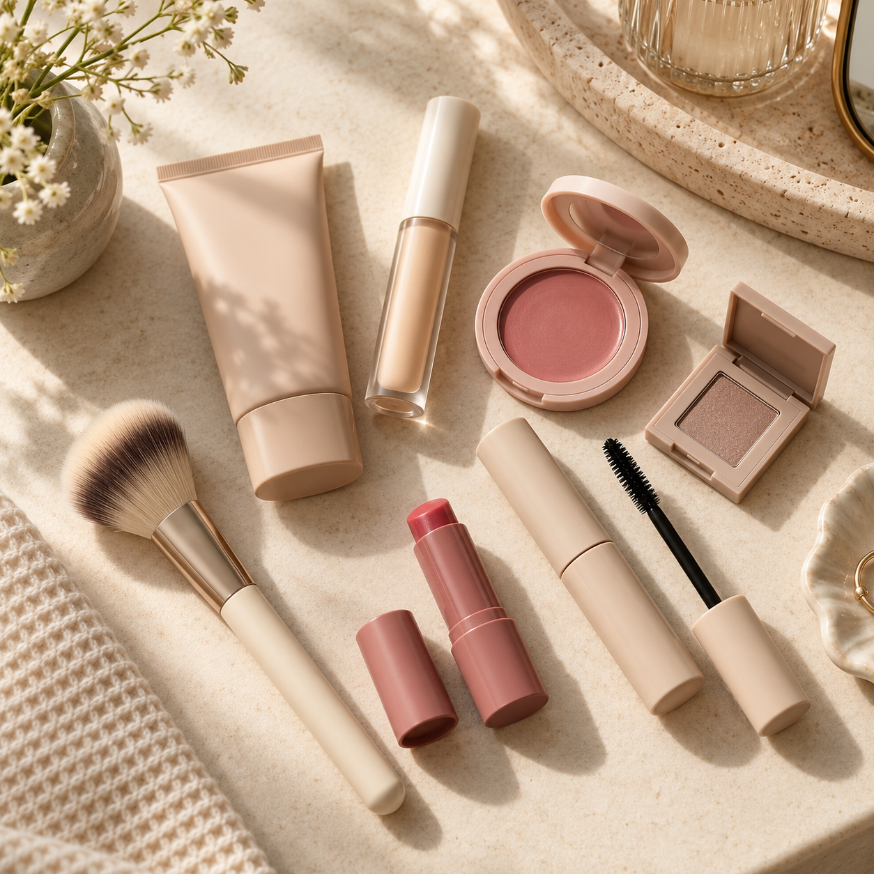 A compact beginner makeup kit with neutral everyday products arranged on a clean vanity.