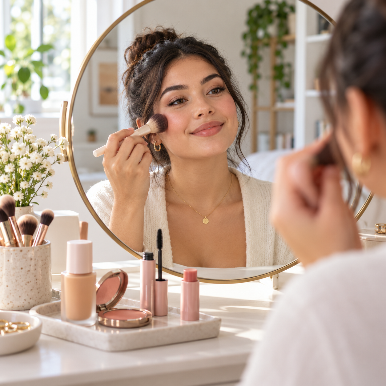 Five everyday makeup essentials arranged for a soft, wearable workday look.