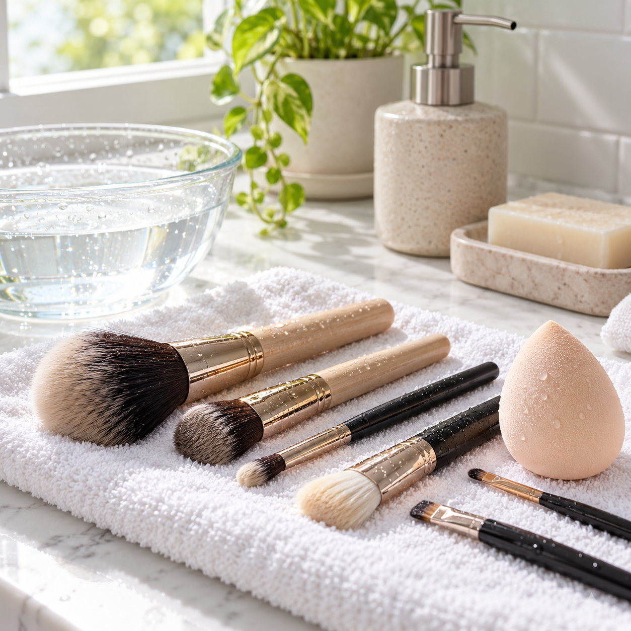 Clean makeup brushes and a makeup sponge drying on a fresh towel beside a sink.