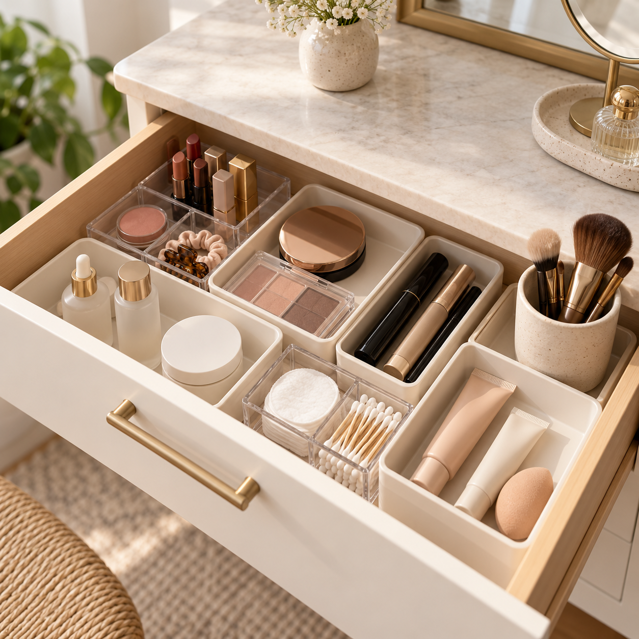 A small makeup collection sorted into simple trays on a compact vanity.