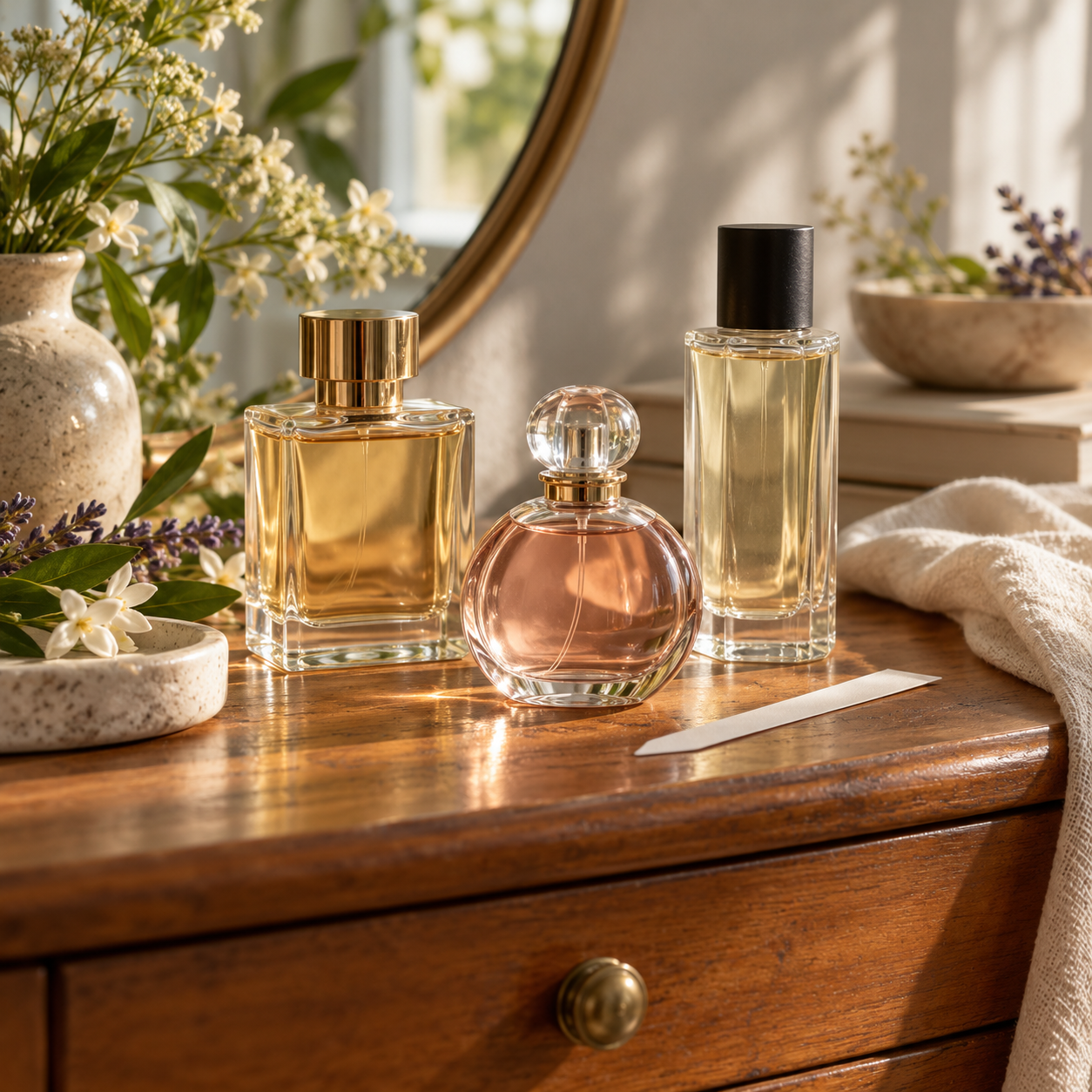 A small fragrance wardrobe with a few elegant perfume bottles on a tidy dresser.