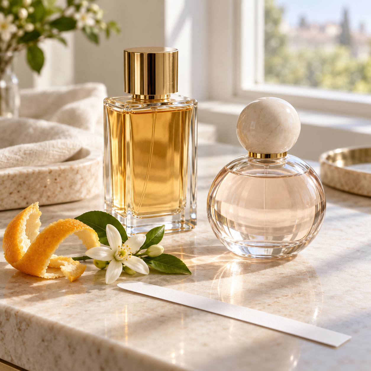 Two fragrance bottles and a paper scent strip arranged for testing a perfume combination.