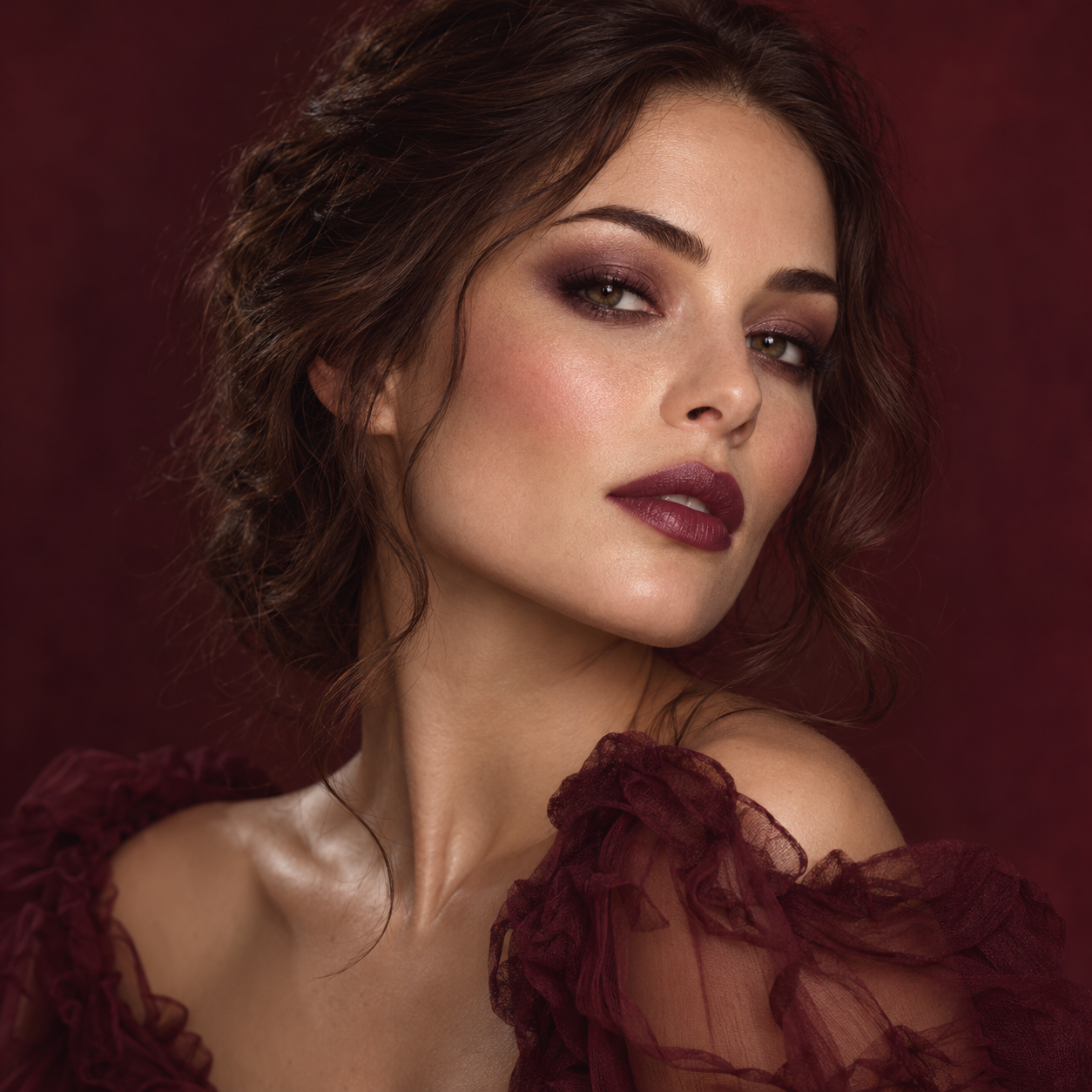 A softly dramatic vamp romantic makeup look with berry lips and blurred dark eye makeup.