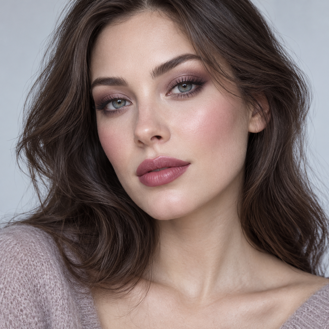 A soft cool-toned makeup look with mauve eyeshadow, rosy cheeks, and a muted berry lip.
