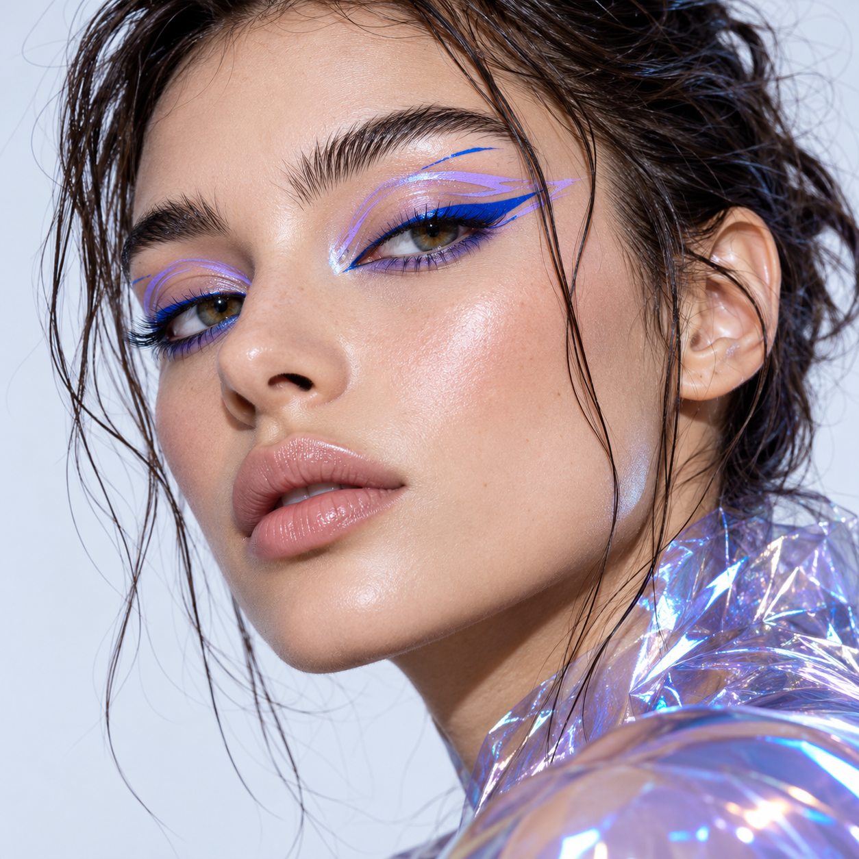 A creative glitchy glam makeup look with graphic colored liner and a reflective accent.