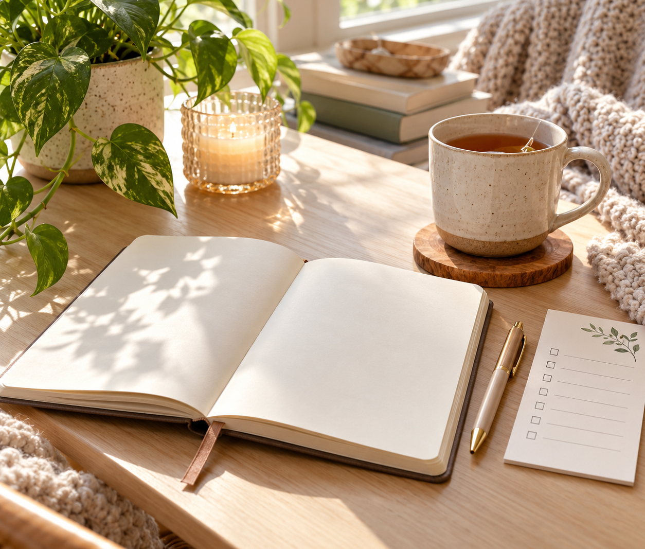 A notebook and cup of tea on a sunny table, arranged for a calm weekly planning reset.