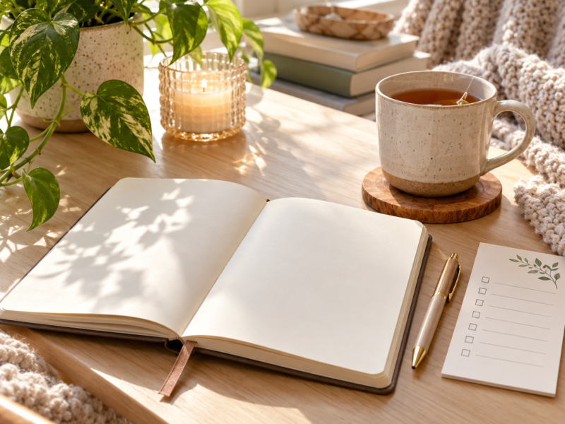 A notebook and cup of tea on a sunny table, arranged for a calm weekly planning reset.