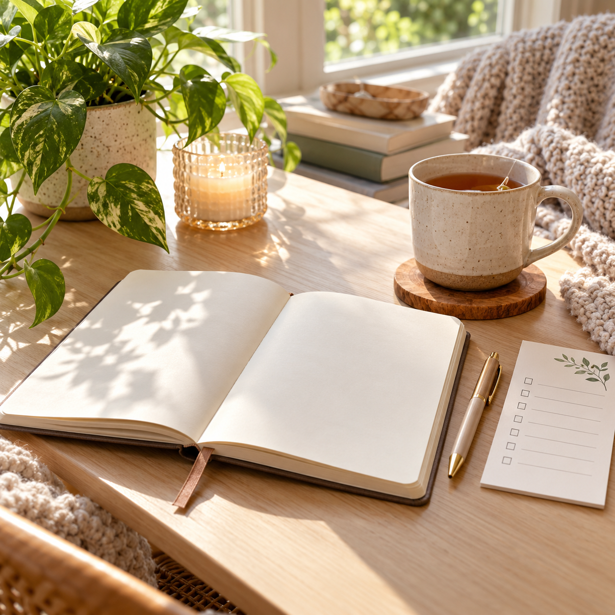 A simple Sunday self-care setup with a journal, tea, and a short weekly checklist.