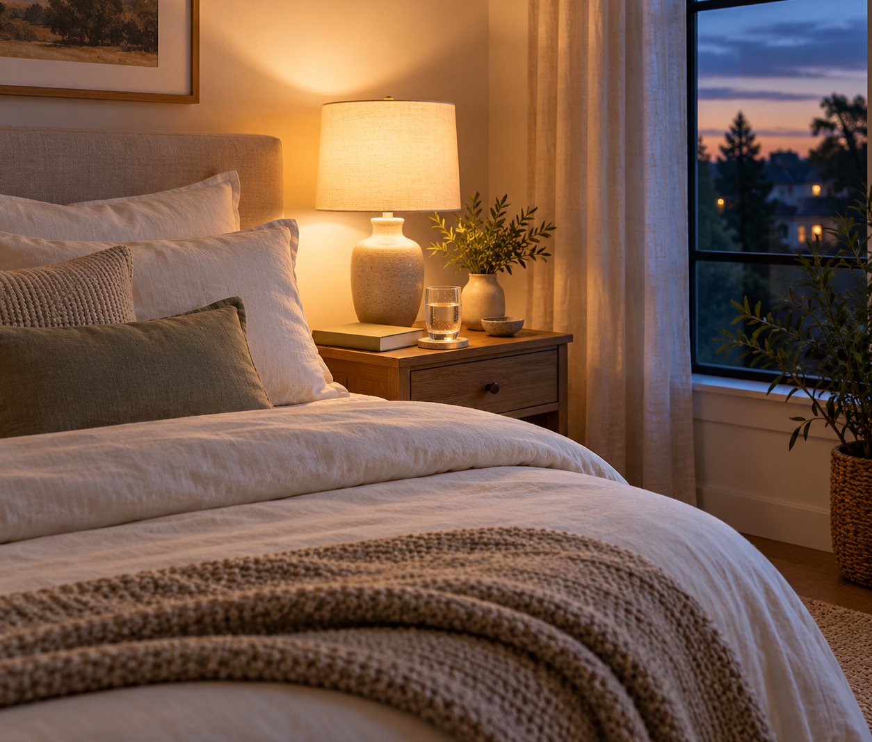 A neatly made bed beside a warm bedside lamp in a quiet bedroom at dusk.