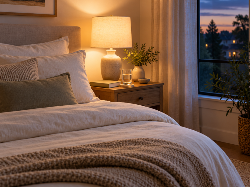 A neatly made bed beside a warm bedside lamp in a quiet bedroom at dusk.