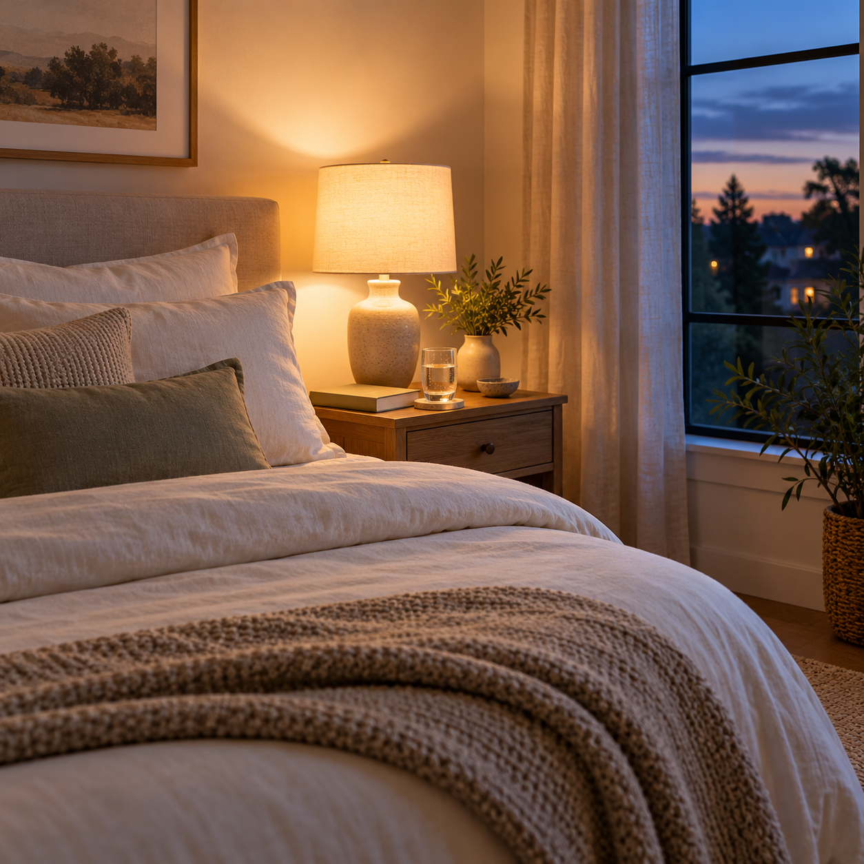 A tidy bedroom at evening with a made bed, warm lamp, and book on the nightstand.