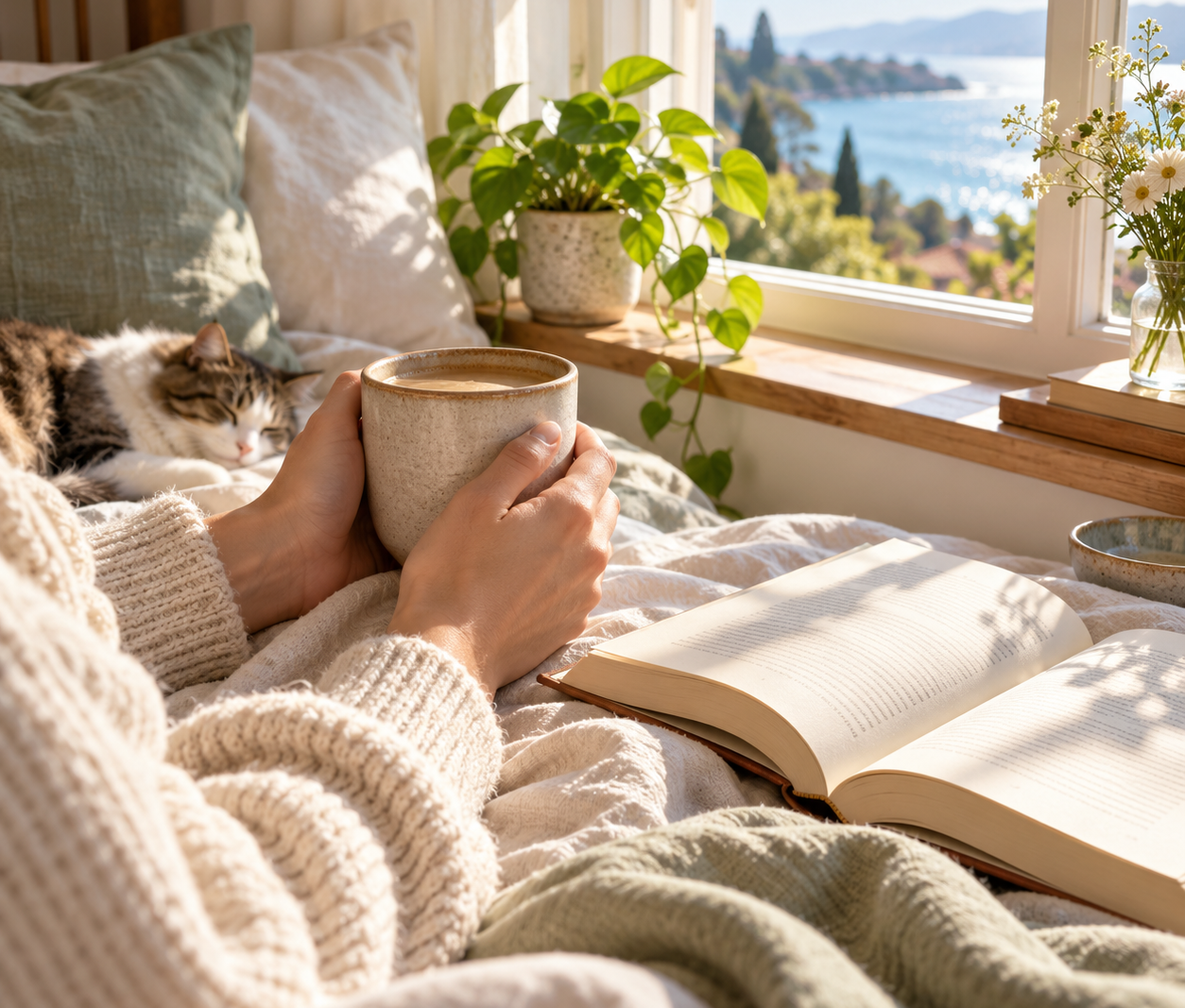 Woman relaxing with a warm drink in a sunlit living room during a slow weekend morning.
