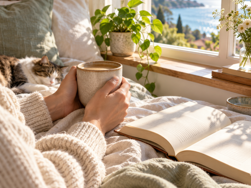 Woman relaxing with a warm drink in a sunlit living room during a slow weekend morning.