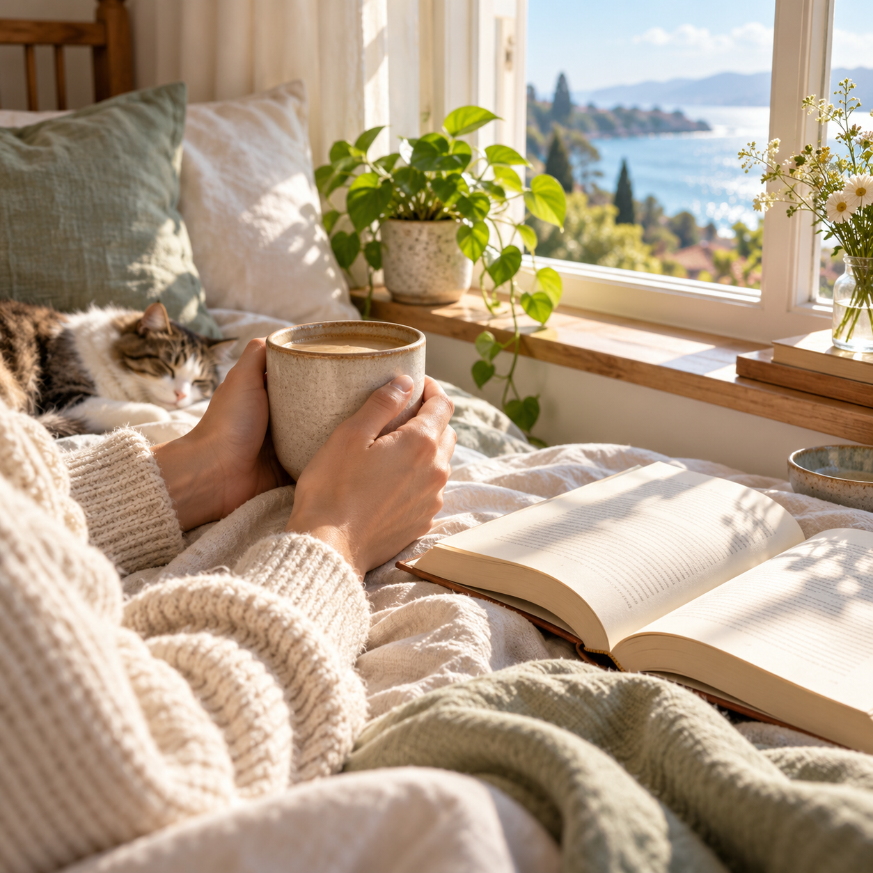 A relaxed weekend morning with coffee, an open book, and sunlight beside a bedroom window.