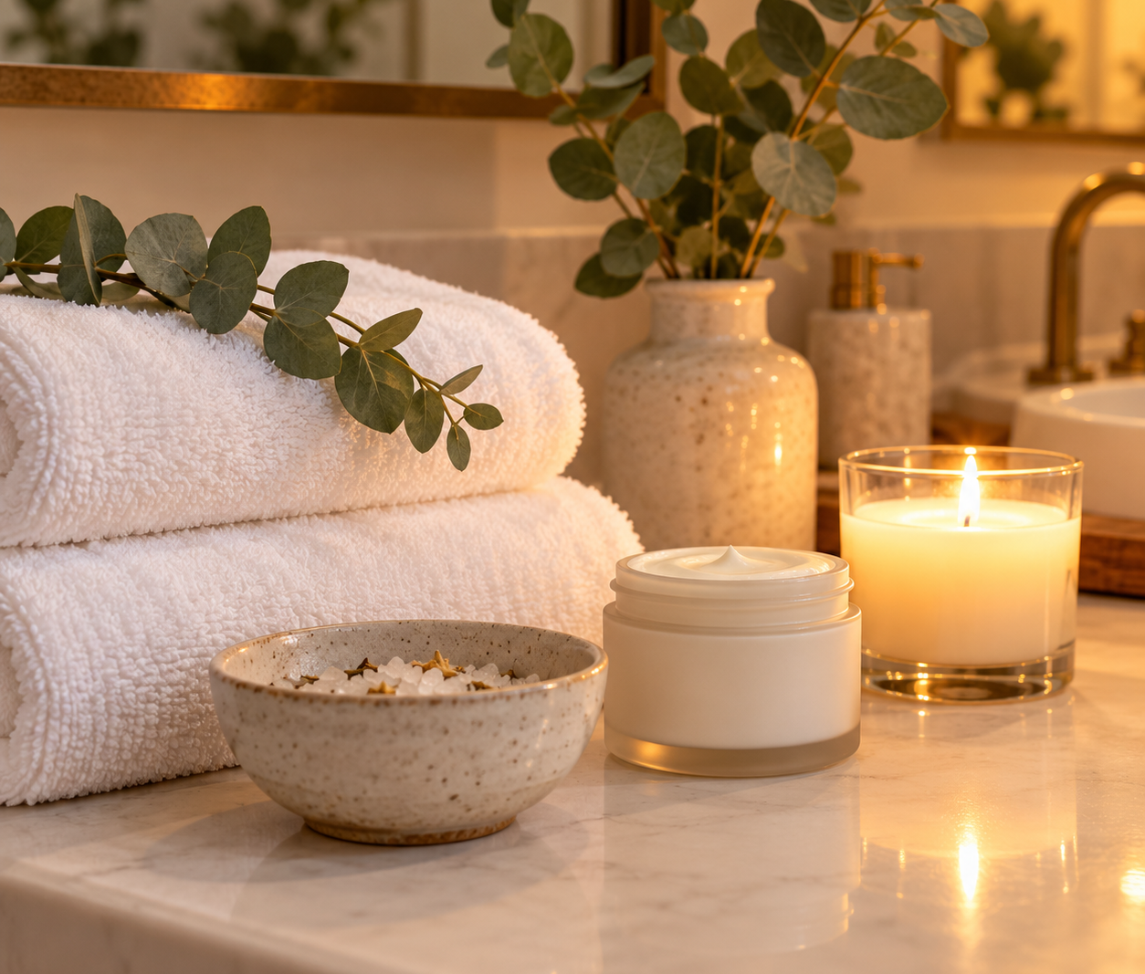A candlelit at-home spa setup with a white robe, bath towels, and leafy plants.