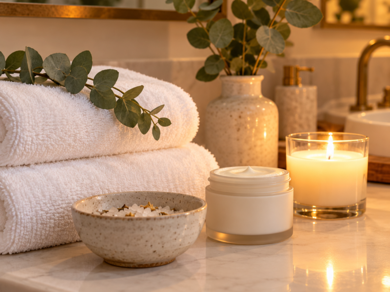 A candlelit at-home spa setup with a white robe, bath towels, and leafy plants.