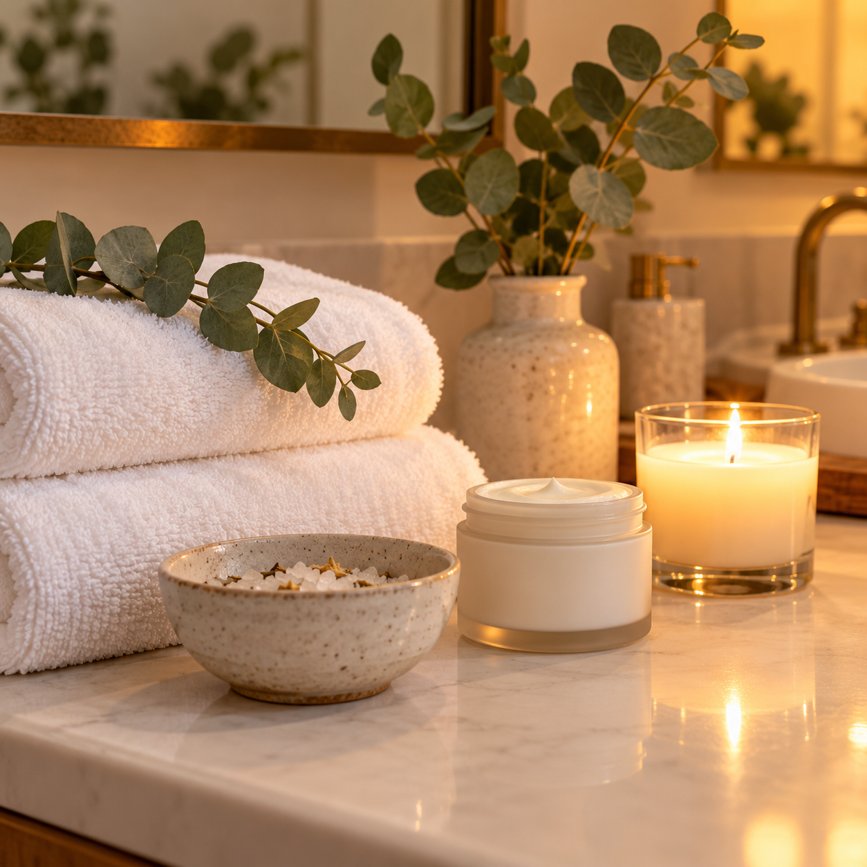 A simple at-home spa setup with folded towels, a candle, and skincare on a bathroom counter.