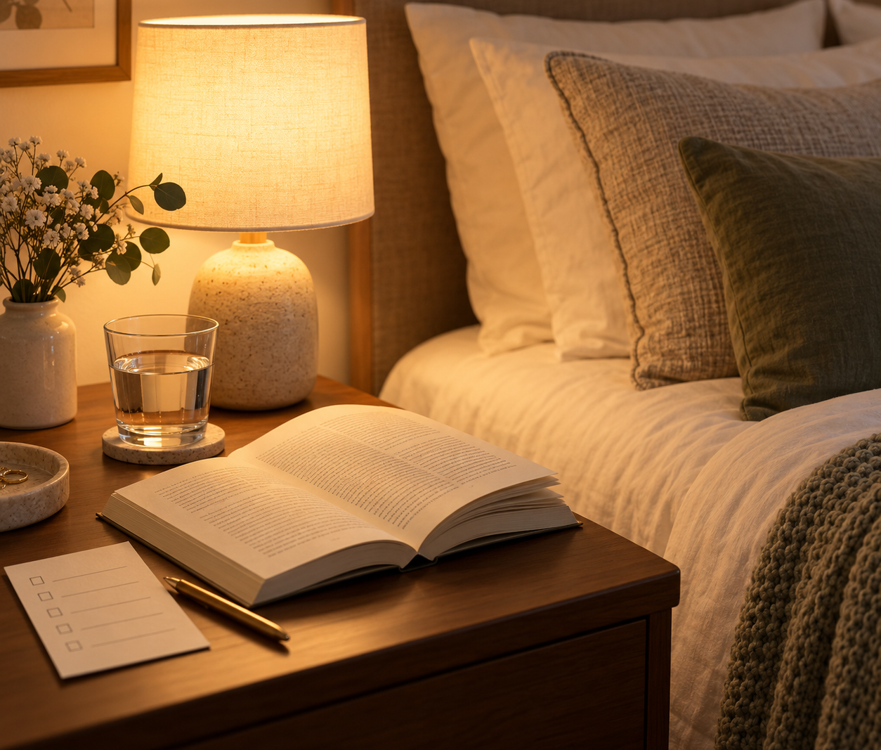 A warm bedside lamp and journal create a calm bedtime wind-down setting.