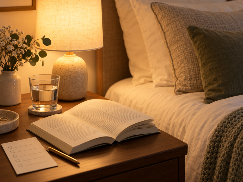 A warm bedside lamp and journal create a calm bedtime wind-down setting.
