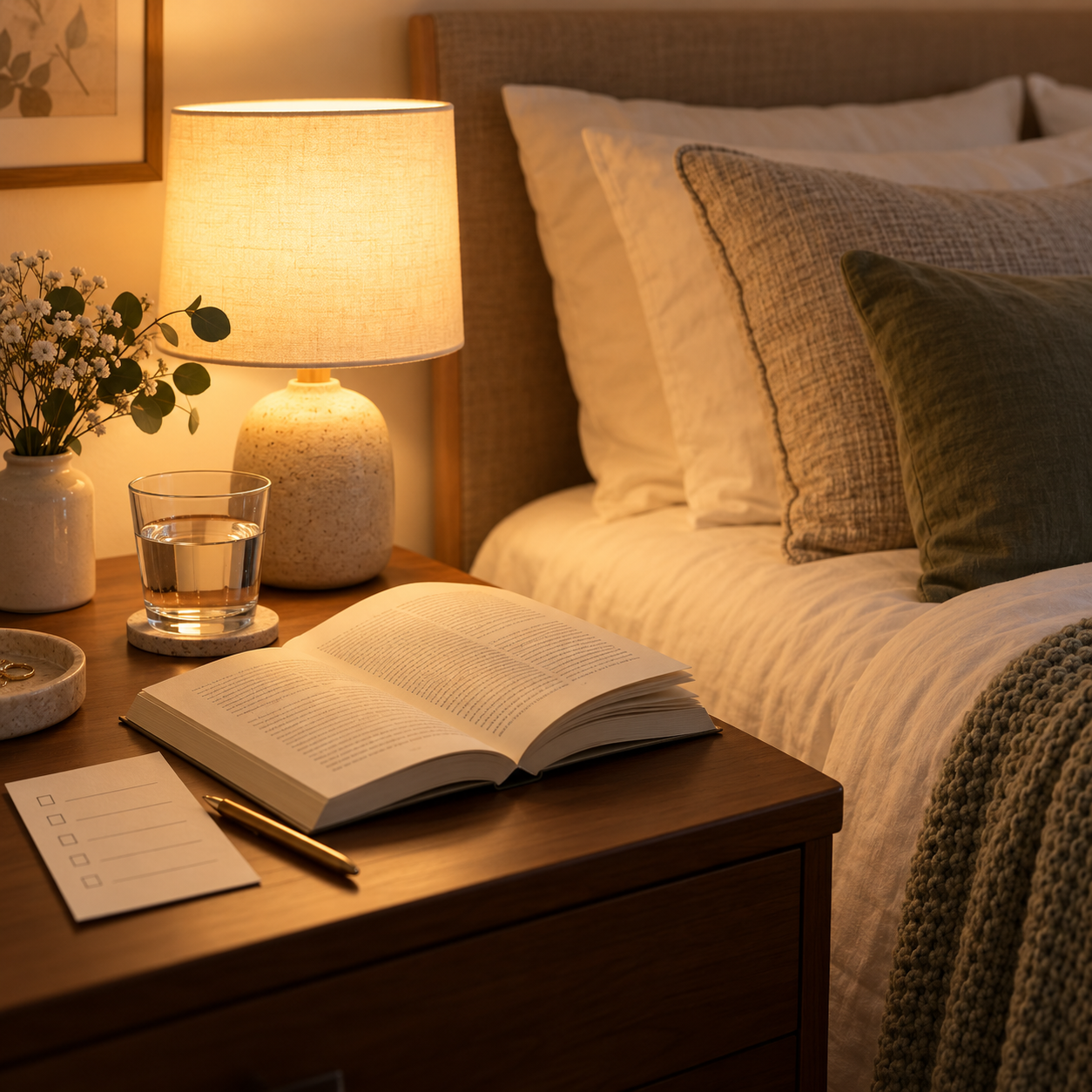 A quiet bedtime scene with a book, warm bedside lamp, and a small evening checklist.