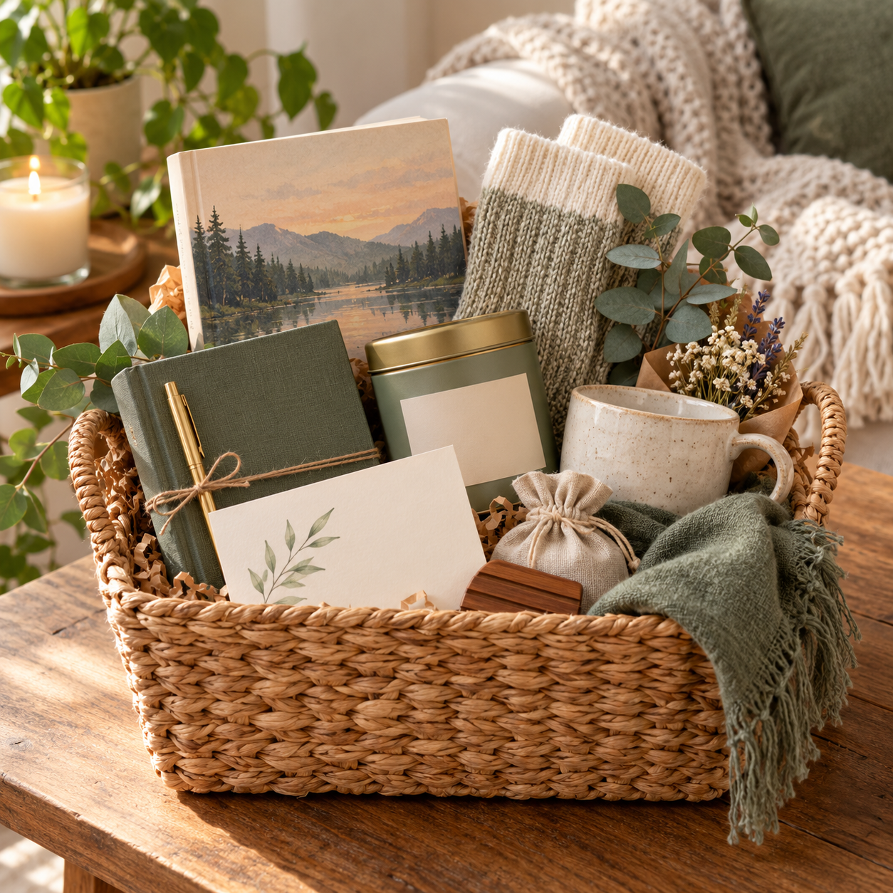 A thoughtful self-care gift basket with a book, cozy socks, tea, and a handwritten card.