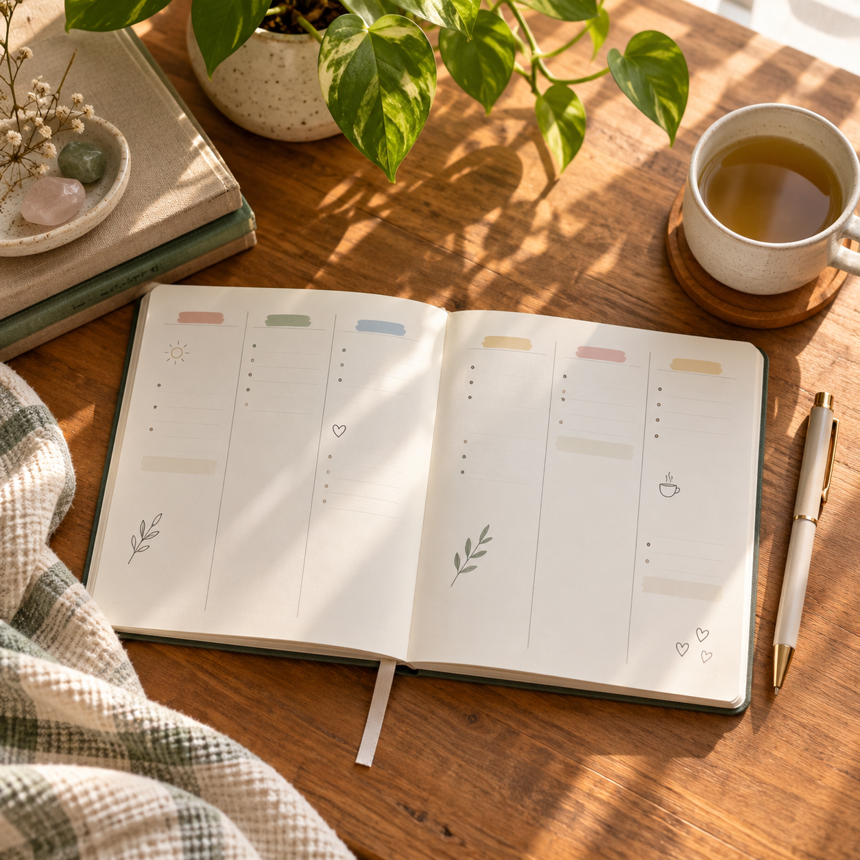 An open weekly planner with simple self-care notes, pen, and cup of tea on a desk.
