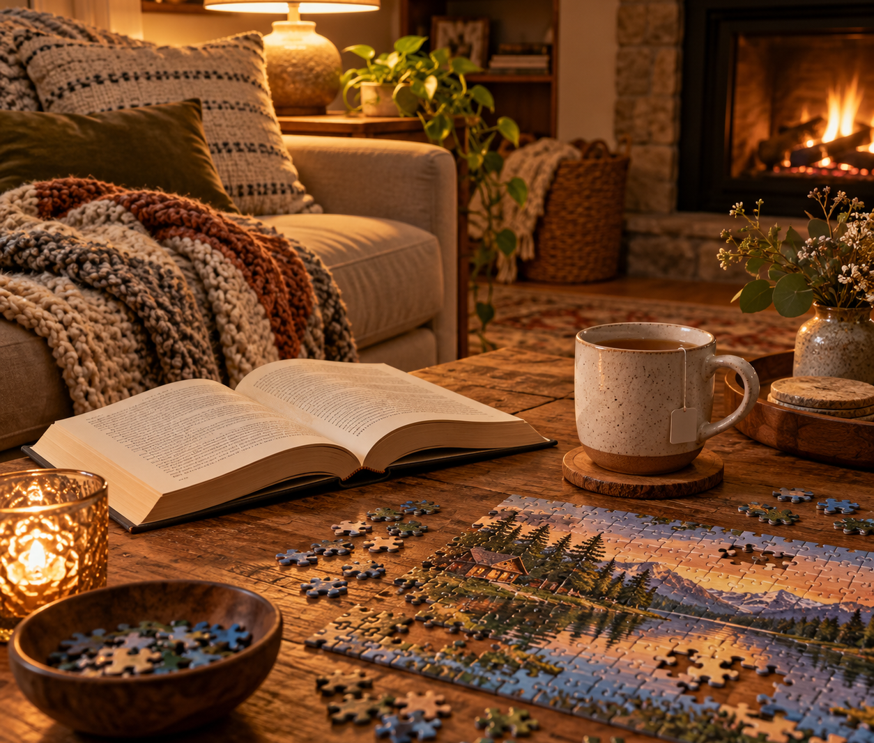 A cozy living room with an open book and warm tea, arranged for a screen-free evening.