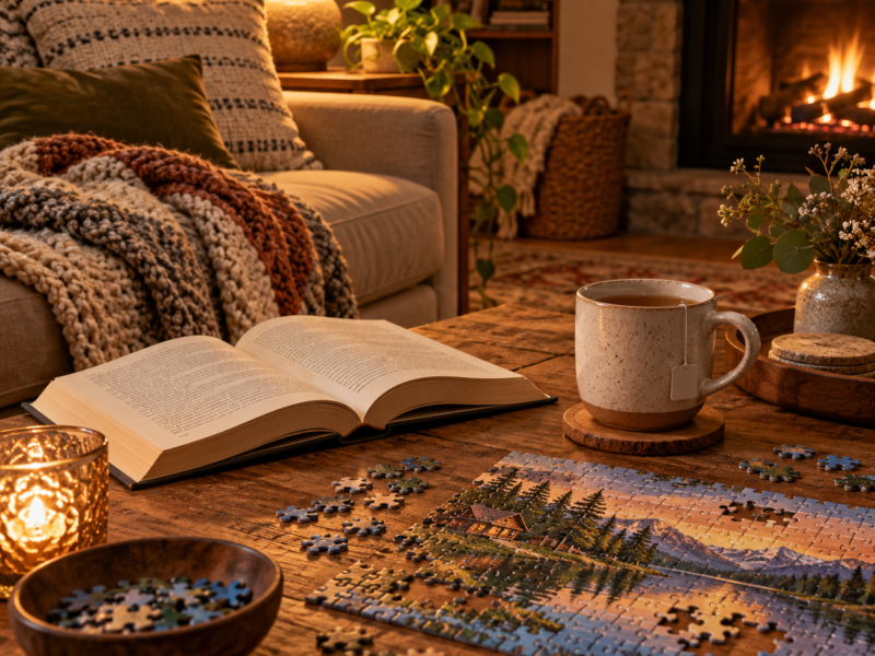 A cozy living room with an open book and warm tea, arranged for a screen-free evening.