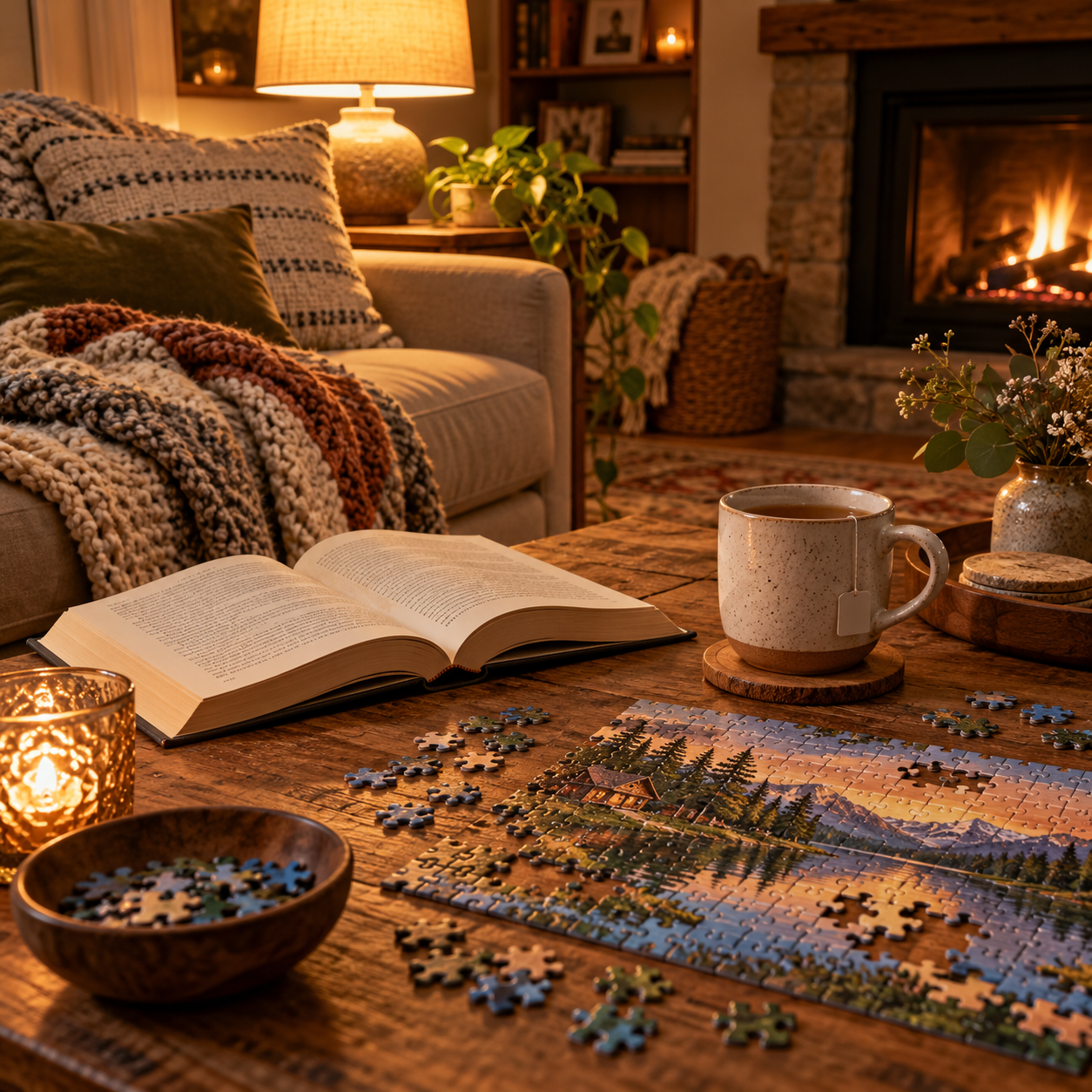 A cozy screen-free evening scene with a puzzle, book, tea, and warm lamp.