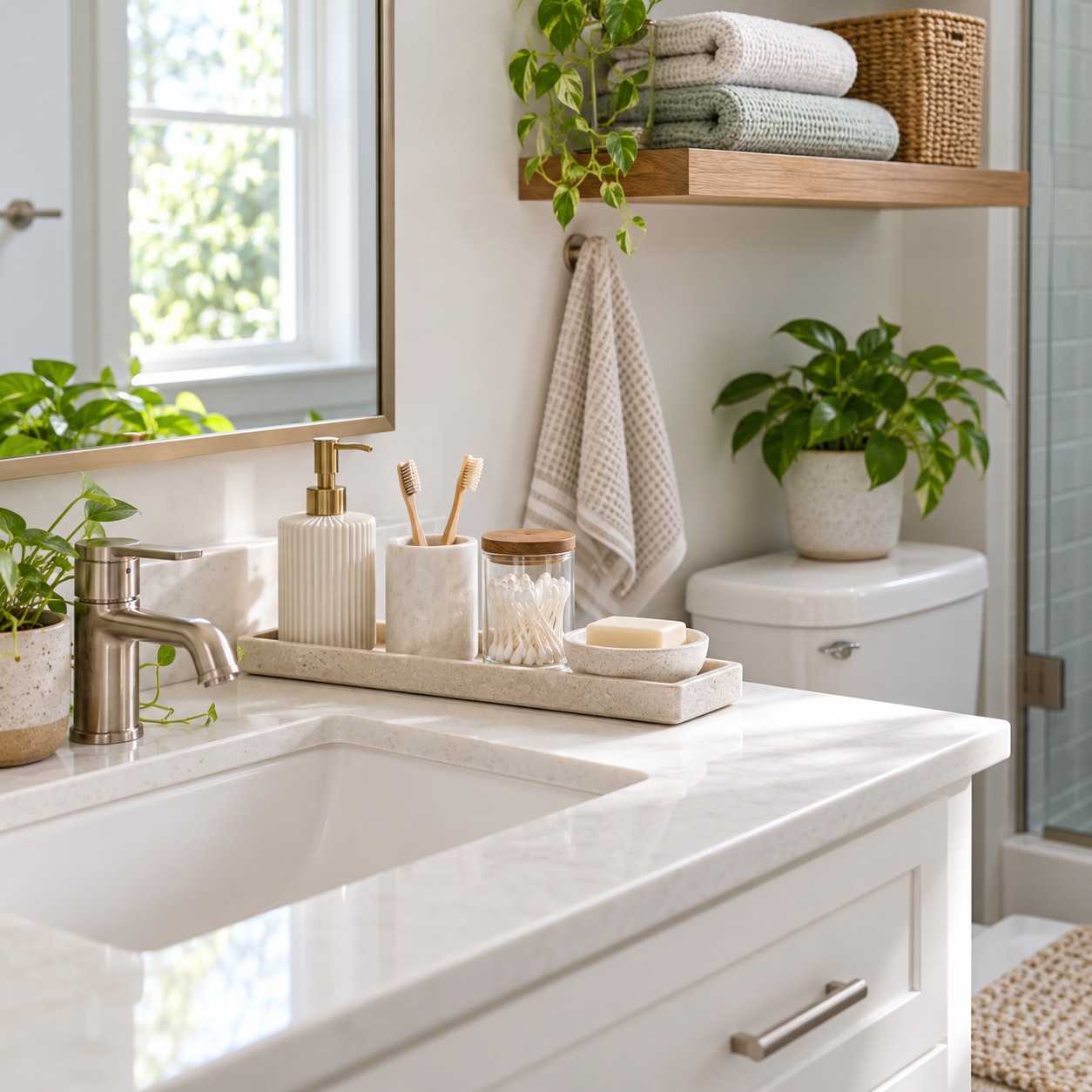 A compact bathroom shelf with neatly arranged towels, soap, and a few everyday self-care essentials.