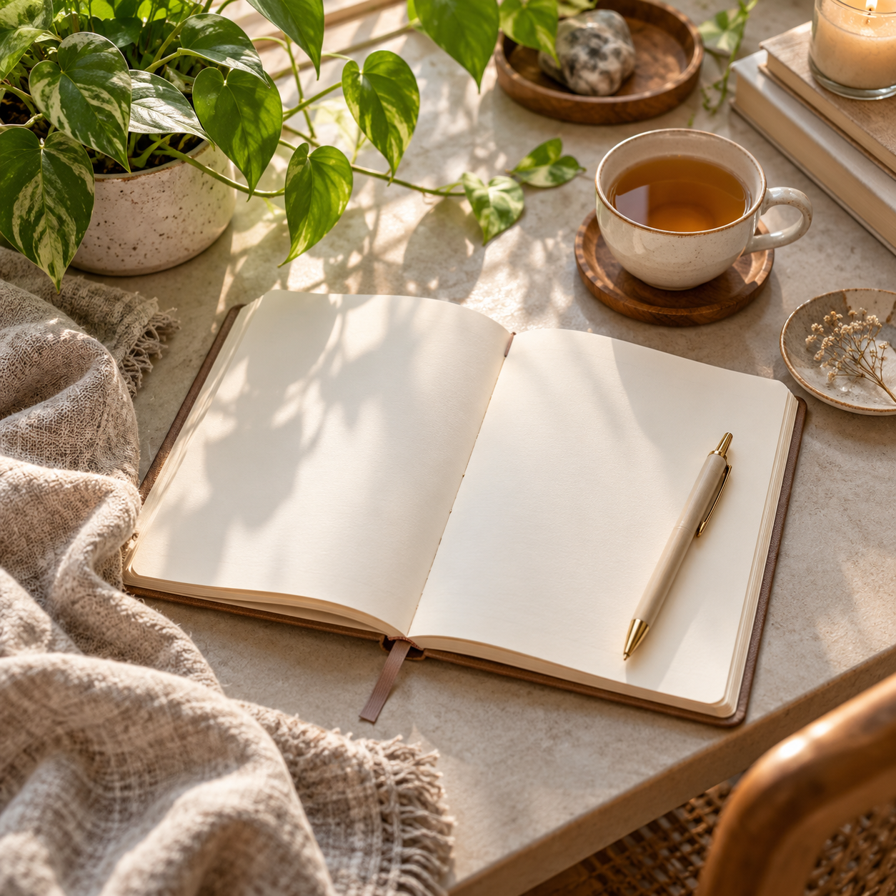 An open journal with a pen and a cup of tea ready for a short daily writing session.