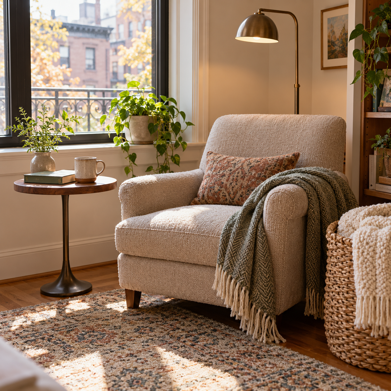 A compact reading corner with an upholstered chair, floor lamp, small side table, and books.