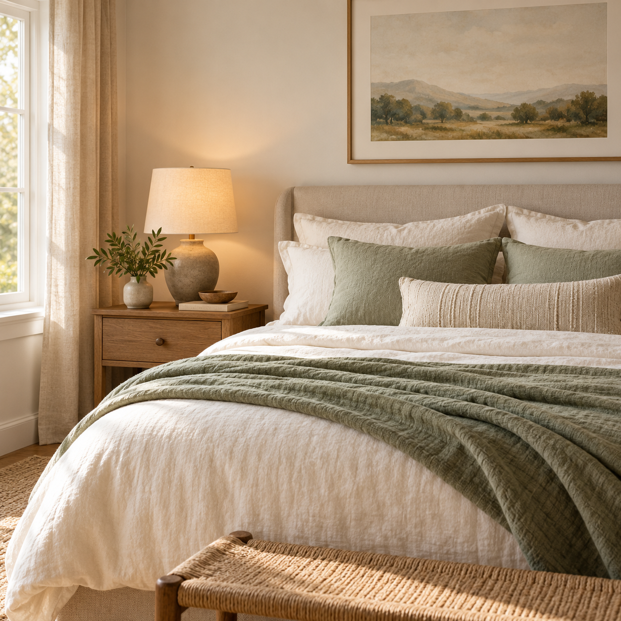 A refreshed bedroom with neutral bedding, soft lighting, a small plant, and uncluttered bedside table.