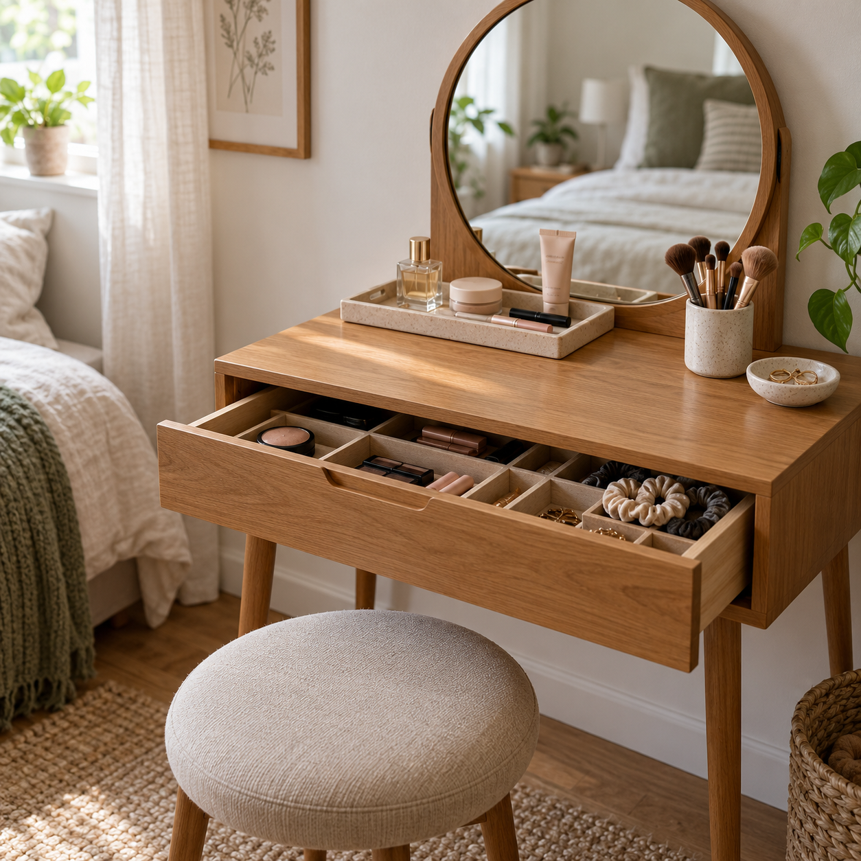 A compact vanity with a small mirror, organized drawer, and a few everyday makeup products.