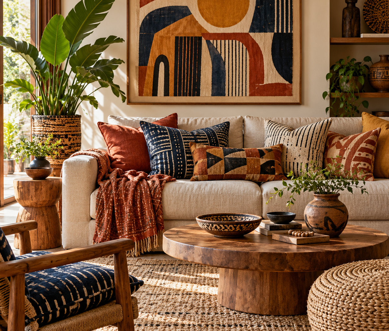 A warm living room with a patterned rug, natural textures, leafy plants, and colorful abstract wall art.