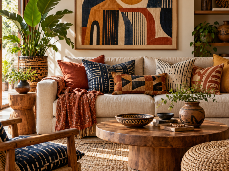 A warm living room with a patterned rug, natural textures, leafy plants, and colorful abstract wall art.