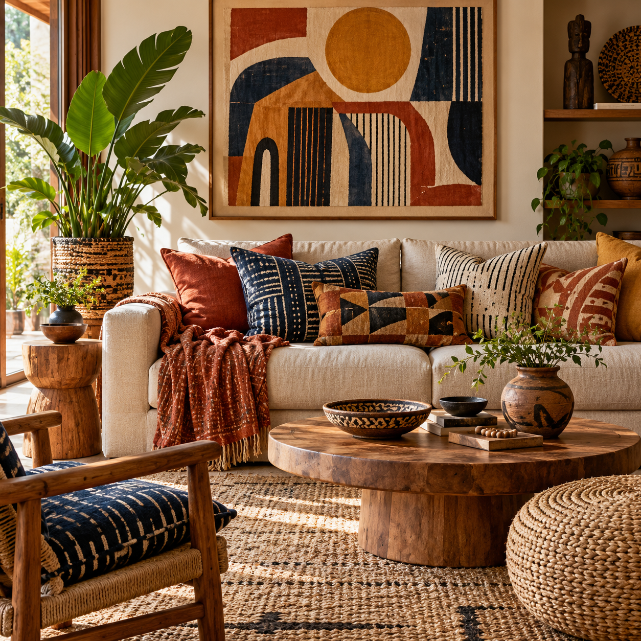 A warm Afrohemian-inspired living room with colorful patterned textiles, natural textures, plants, and framed art.
